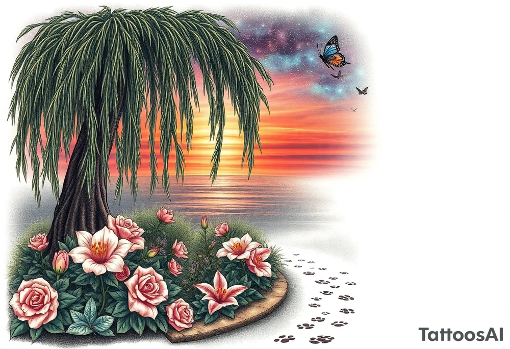 Sunset galaxy. Dark Ocean.  weeping willow garden with roses and lilies flower beds, fairies, mermiads, dragons butterflies,  cat paw prints path in dirt. tattoo idea