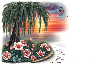 Sunset galaxy. Dark Ocean.  weeping willow garden with roses and lilies flower beds, fairies, mermiads, dragons butterflies,  cat paw prints path in dirt. tattoo idea