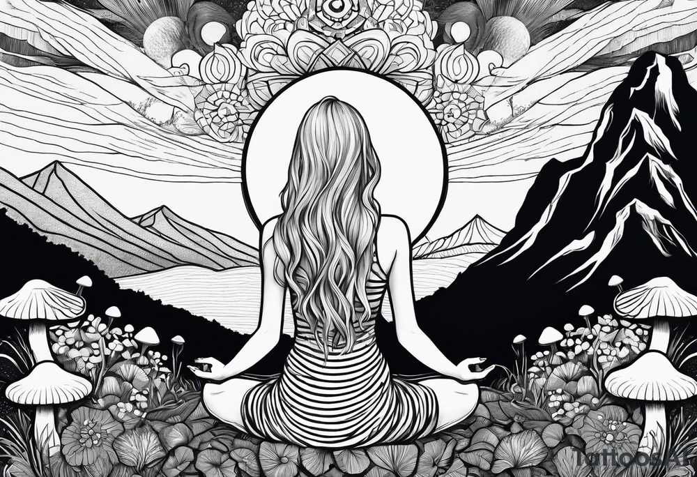 Straight blonde hair girl meditating facing away toward mountains surrounded by mushrooms crescent moon mandala circular design black and white striped dress tattoo idea