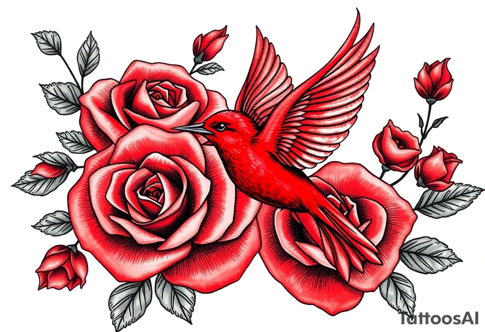Vintage lace, red roses close together, bright red bird flying freely tattoo idea