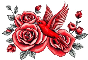 Vintage lace, red roses close together, bright red bird flying freely tattoo idea