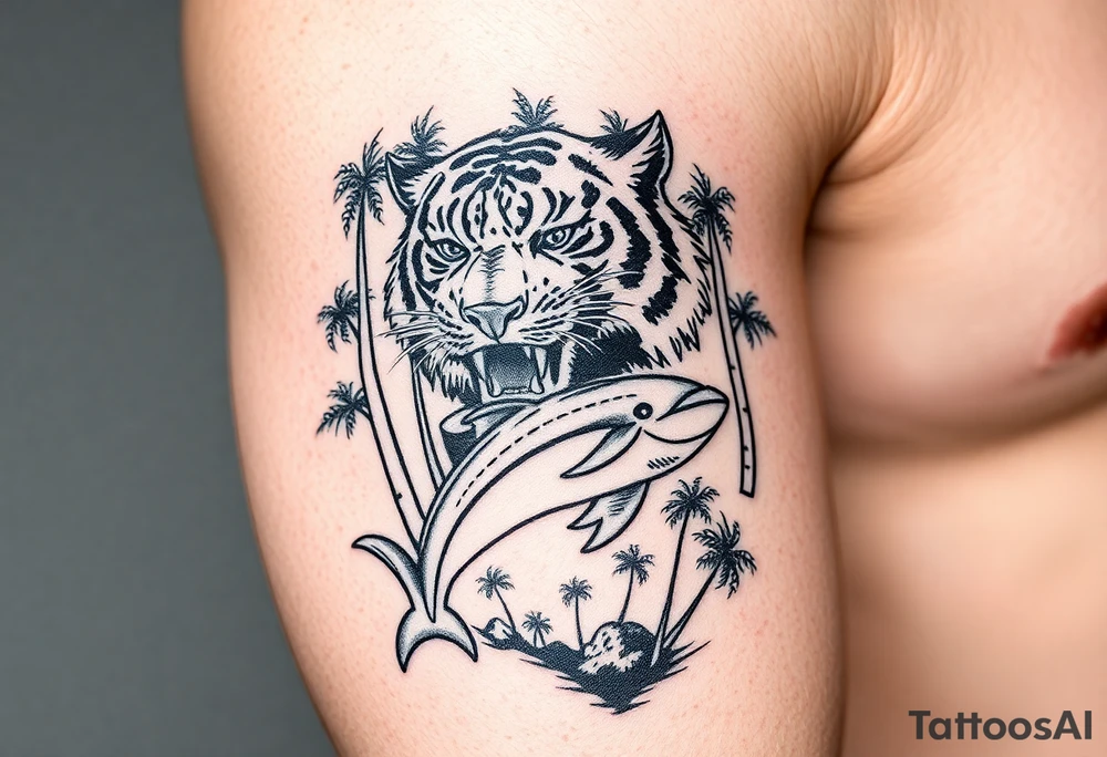 fierce tiger emerging through the trees with a jumping dolphin and palm trees underneath it tattoo idea