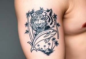fierce tiger emerging through the trees with a jumping dolphin and palm trees underneath it tattoo idea