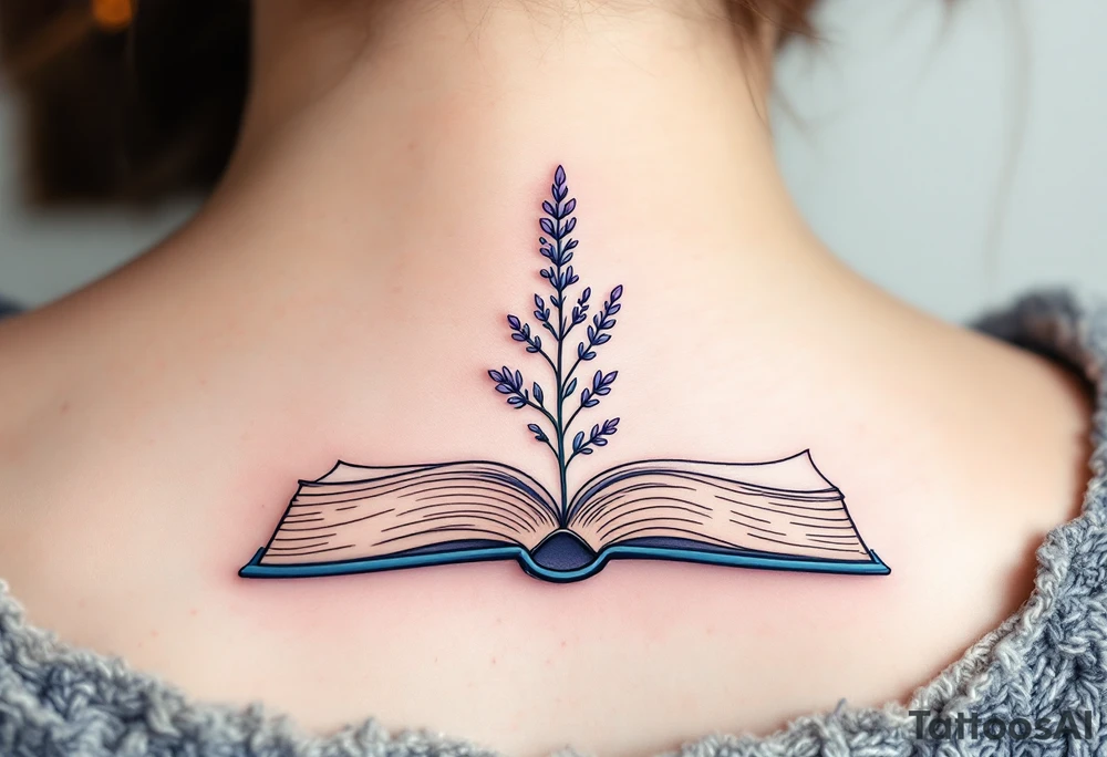 A small lavender sprig growing from an open book, representing knowledge, growth, and serenity. tattoo idea