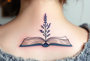 A small lavender sprig growing from an open book, representing knowledge, growth, and serenity. tattoo idea