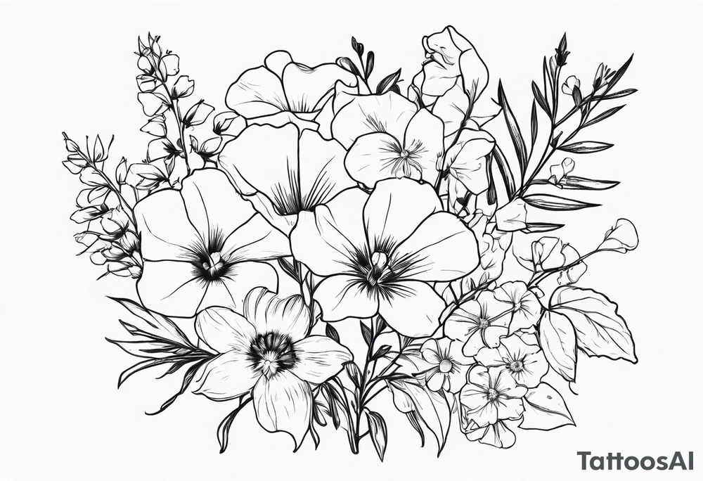 a vertical minimal flower bouquet including sweet pea, larkspur, morning glory and cosmos tattoo idea