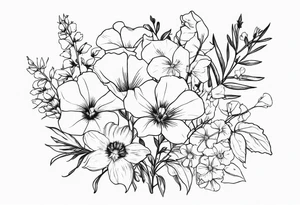 a vertical minimal flower bouquet including sweet pea, larkspur, morning glory and cosmos tattoo idea