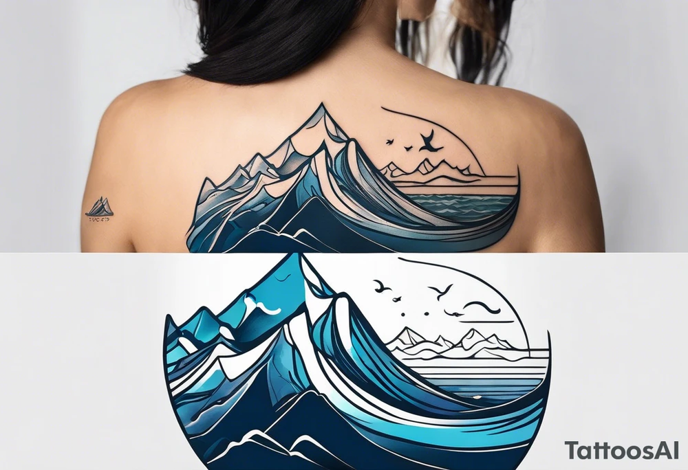 This is a minimalistic tattoo split into 2 distinct sections; a top half and a bottom half. The top half is a mountain in Norway with a windy mountain bike trail wrapping around the mountain. The bottom half of the tattoo depicts an underwater ocean scene, featuring blue water and sea life. tattoo idea
