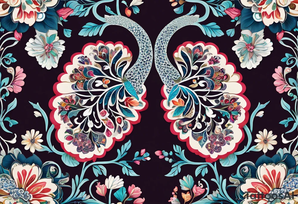 intricate and artistic arrangement of flowers and ornamental patterns that come together to form the shape of human lungs. The design should have a balance of delicacy and detail, with vibrant floral elements seamlessly intertwining to mimic the structure of the lungs, including the bronchi branching into floral motifs. Incorporate subtle shading and depth to give the tattoo a dynamic and organic feel, while maintaining elegance and symmetry tattoo idea