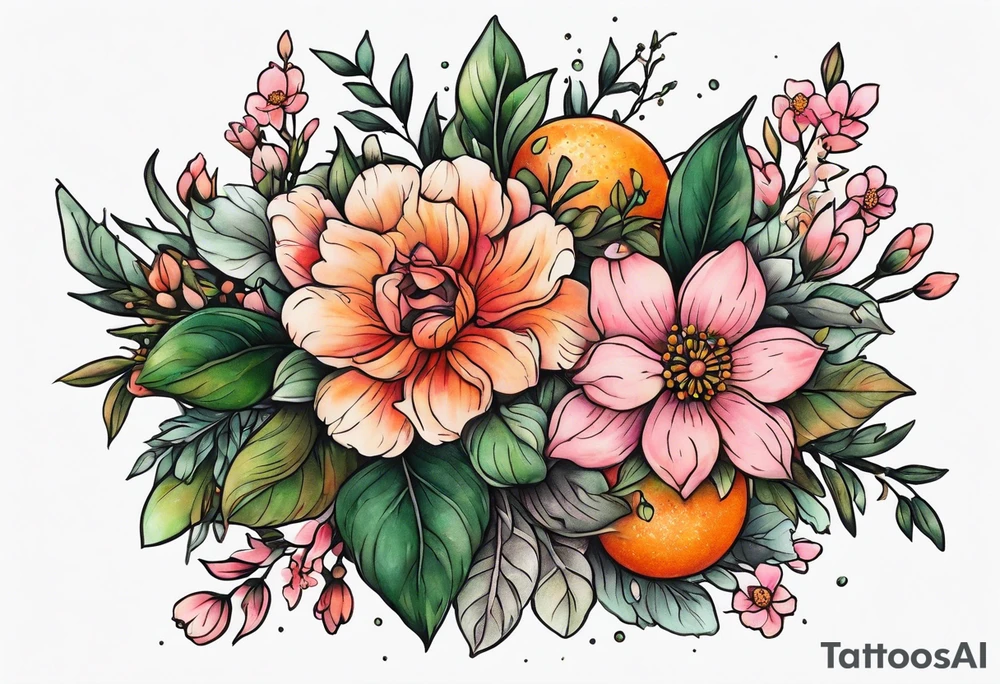Small floral cottagecore witchy with pinks, oranges and greens. tattoo idea