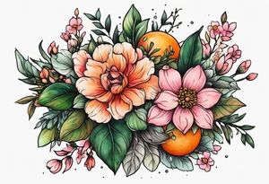 Small floral cottagecore witchy with pinks, oranges and greens. tattoo idea