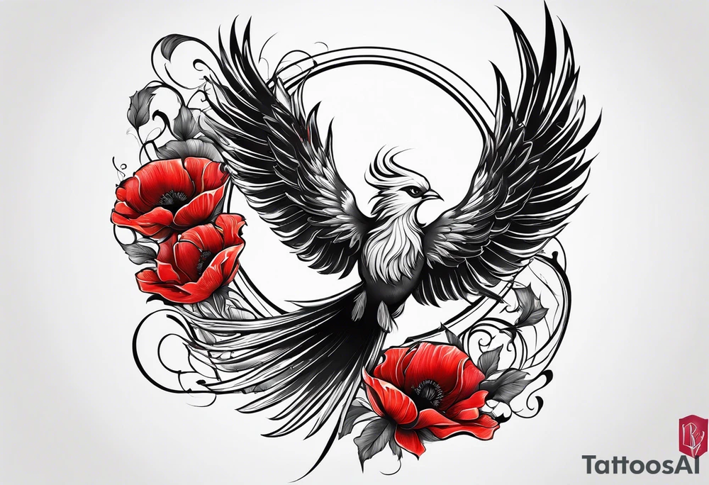 abstract pheonix holding red poppies in flight tattoo idea