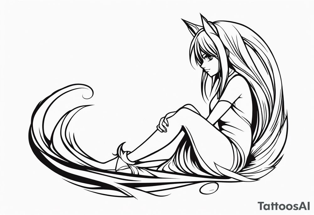 A fairy with a tail inspired by the logo of the show called Fairy Tail in a fetal position leaning in tattoo idea