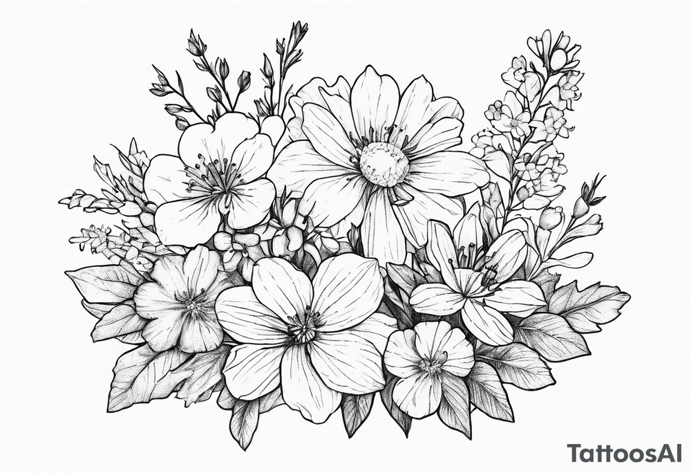 Small, fine line Birth flower bouquet with violets, larkspur, aster tattoo idea