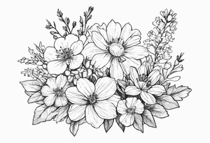 Small, fine line Birth flower bouquet with violets, larkspur, aster tattoo idea