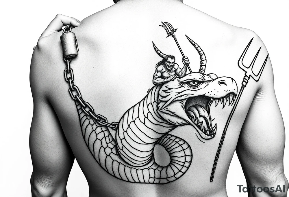 A giant ugly man at tall as a sky scraper holding a chain with a snake and something with devils horns ridding the snake both being slaves the snake has a wide shaped cobra head with goat horns and  a mouth full of sharp teeth and long fangs like a saber tooth tiger with the demonic guy riding on the back of snake with a pitch fork in 1 hand tattoo idea
