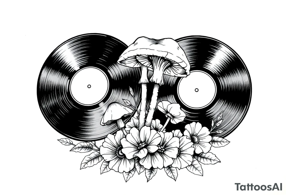 two vinyl records with mushrooms and flowers tattoo idea