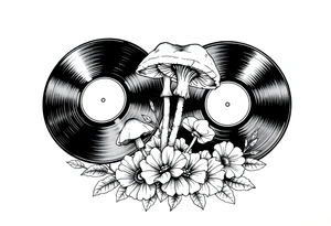 two vinyl records with mushrooms and flowers tattoo idea