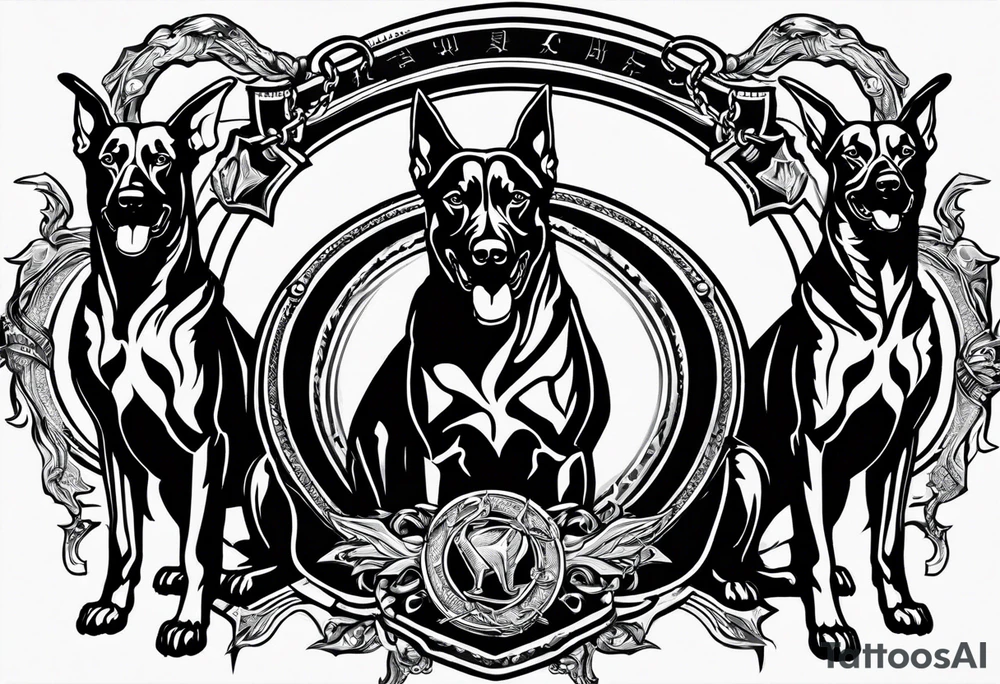 the chain is stretched, there are three angry barking Dobermans in it tattoo idea the chain is stretched, there are three angry barking Dobermans in it tattoo idea