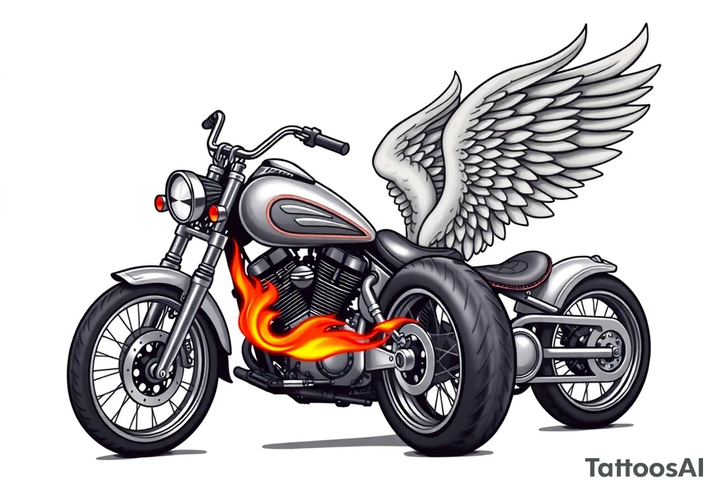 Low rider grey motorcycle, big muffler pipes with flames, angel wings, driving away, no person tattoo idea
