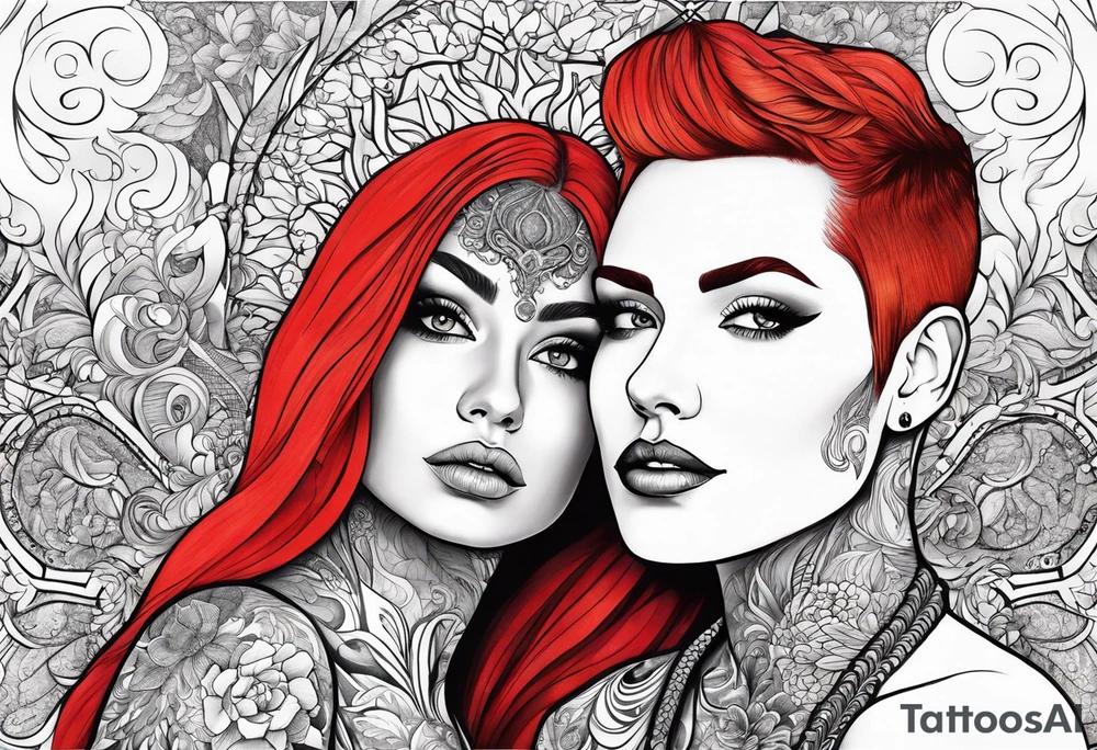 Busty red haired woman with a bearded man who has black hair tattoo idea