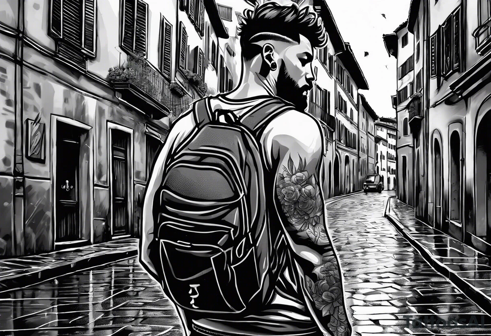 Guy dribbling with number 8 jersey through the streets of florence/naples in the rain with headphones in his ears creating notes that end up in the clouds tattoo idea