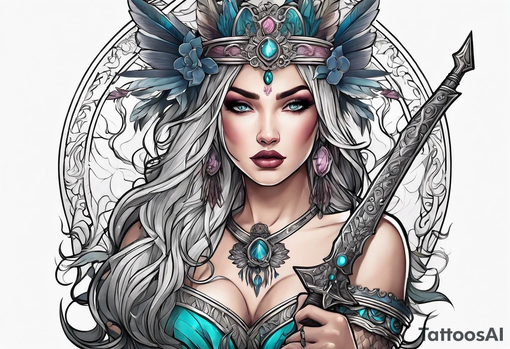 A feminine mythical creature holding a weapon tattoo idea