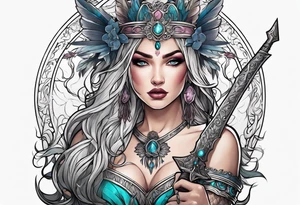 A feminine mythical creature holding a weapon tattoo idea