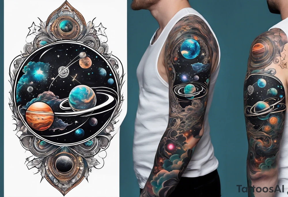 A tattoo featuring a cosmic scene with planets, black holes, and supernovae intertwined with intricate linguistic symbols, reflecting the client's interests in cosmology and linguistics. tattoo idea