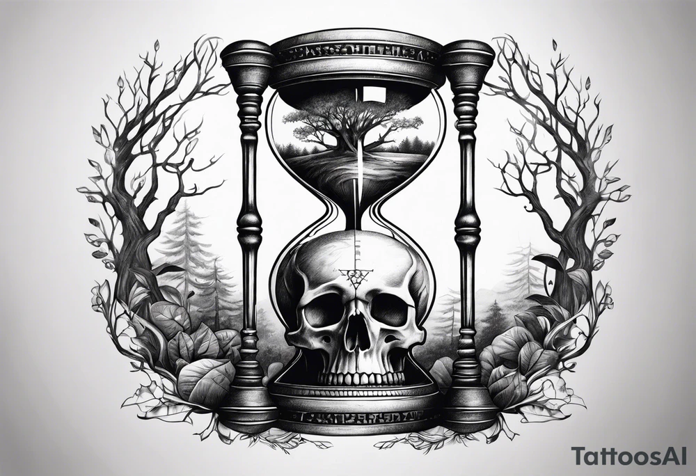 Hourglass with skull and tree inside tattoo idea