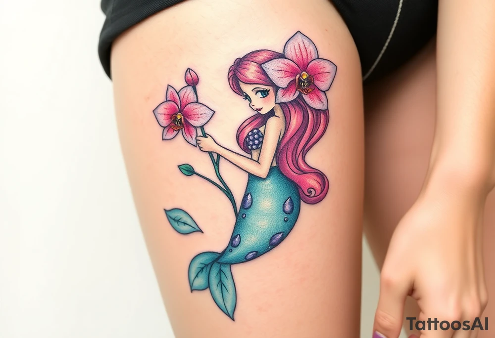 A mermaid holding an orchid flower, with soft ocean-inspired colors blending into the design tattoo idea