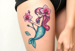 A mermaid holding an orchid flower, with soft ocean-inspired colors blending into the design tattoo idea