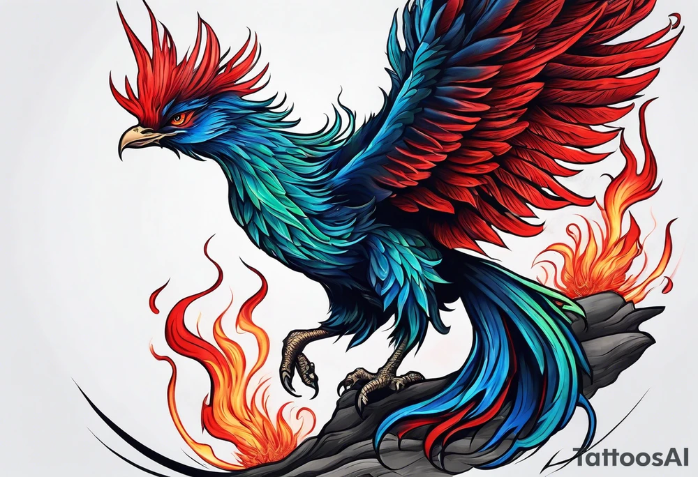 Blue and red Phoenix rising from the green ashes on a mountain tattoo idea