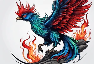 Blue and red Phoenix rising from the green ashes on a mountain tattoo idea