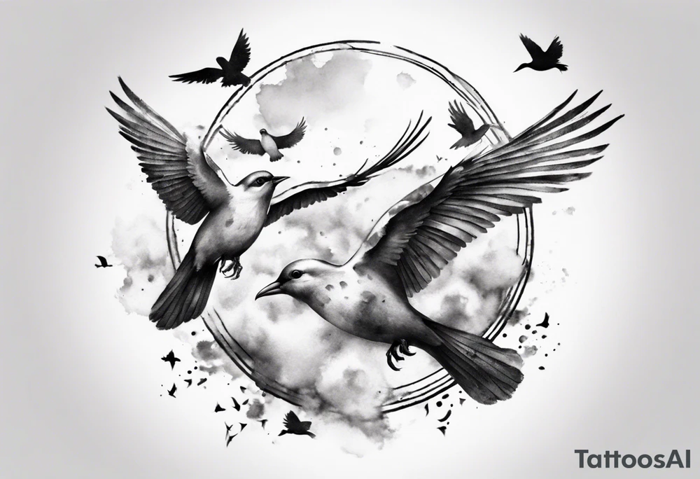 shoulder tattoo with light rays with birds flying free among the clouds, round shape, 3d effect tattoo idea