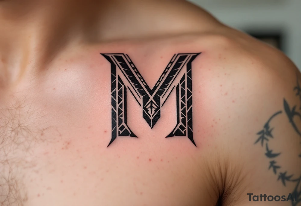 A tribal-inspired "M" in dark chestnut brown, featuring angular patterns. tattoo idea