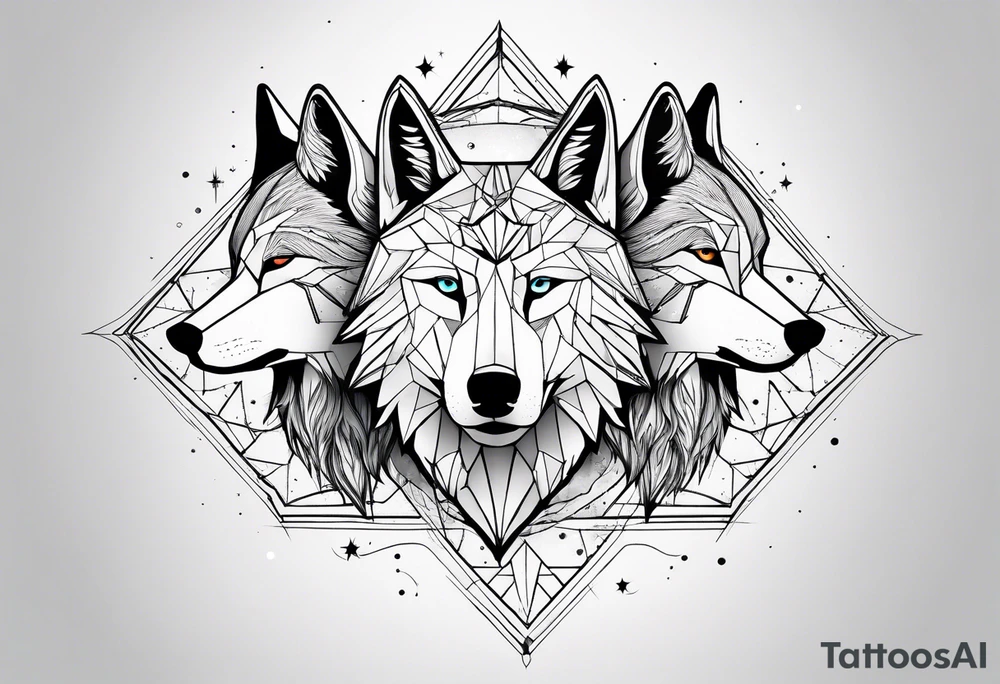 Constellation, two animal wolf, géométric, snowflake tattoo idea