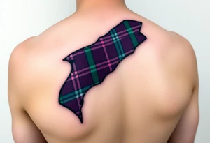Dark Purple with green pink blue and white highlights tartan fabric with skin around edges peeling and wrapping around side of shoulder tattoo idea