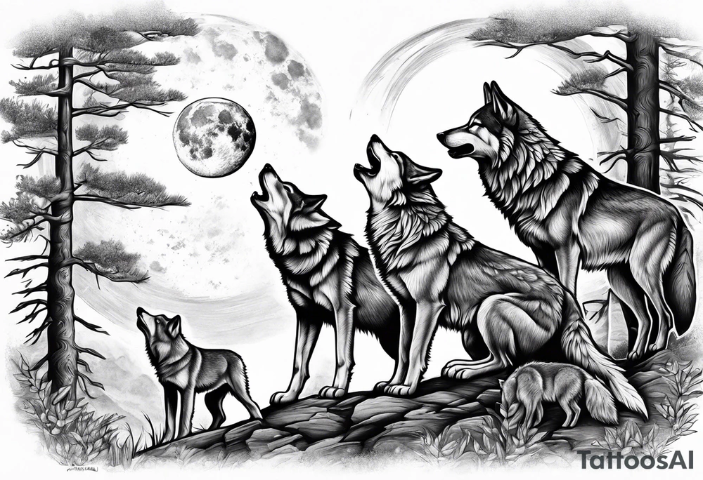Wolf and cubs howling at moon tattoo idea