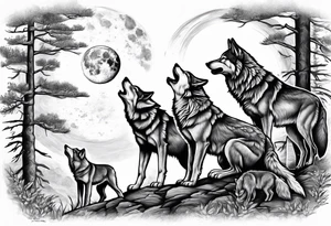Wolf and cubs howling at moon tattoo idea