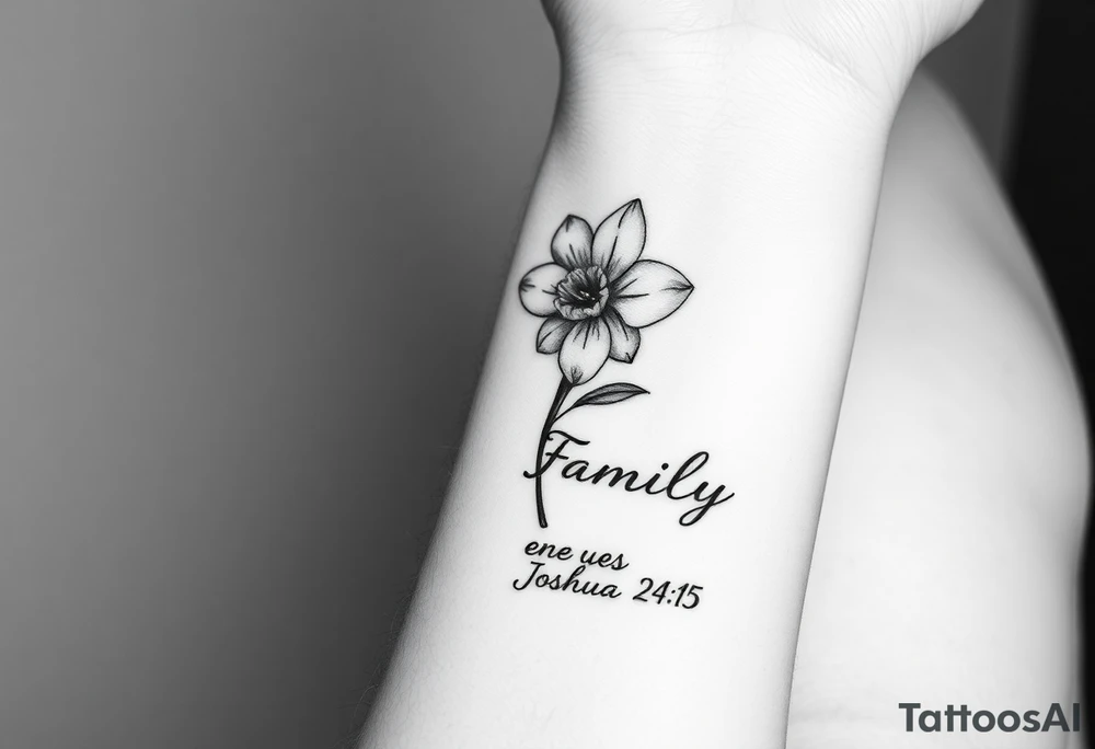 fine-line narcissus flower on my inner wrist, with the stem flowing down into the word Family in soft cursive, and Joshua 24:15 in tiny clean text underneath. photo of it tattoo idea