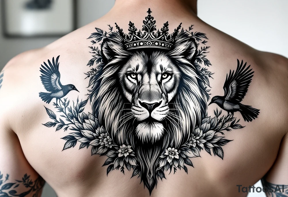 powerful majestic lion with a crown, surrounded by floral ornaments and birds tattoo idea