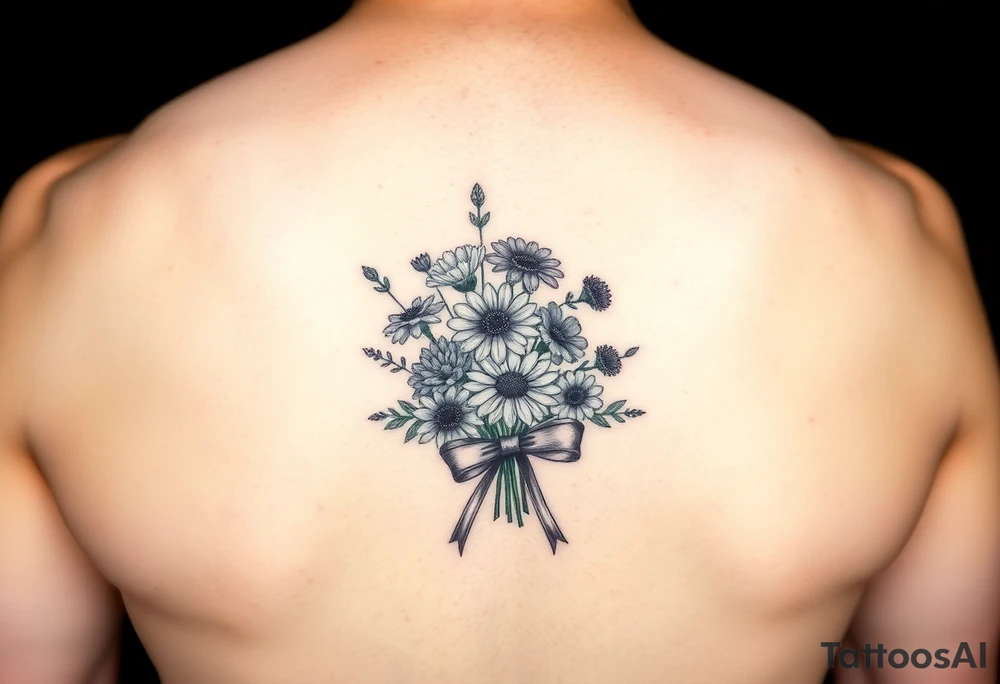 A small bouquet where the carnation, larkspur, daisy, and aster are gathered together at the stems and tied with a flowing ribbon bow tattoo idea