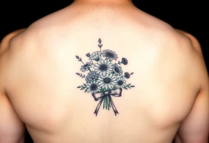 A small bouquet where the carnation, larkspur, daisy, and aster are gathered together at the stems and tied with a flowing ribbon bow tattoo idea