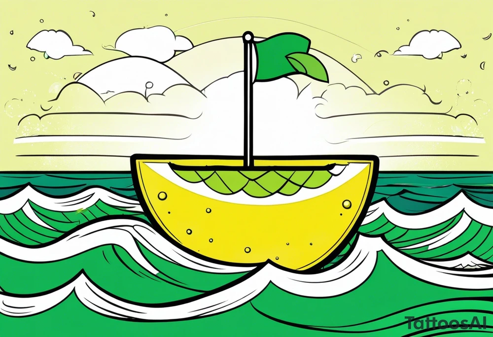 A lemon-Buoy with a green leaf-flag on waves tattoo idea