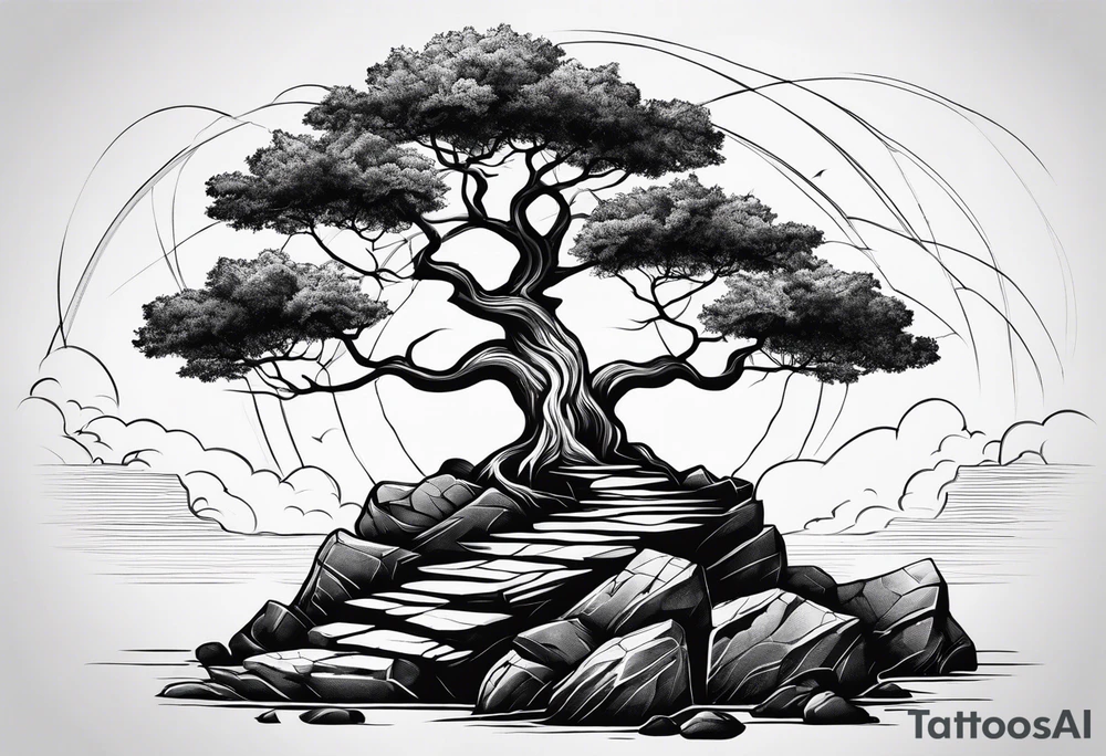 Tree growing out of stone cliff with roots growing in between cracks tattoo idea