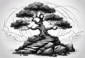 Tree growing out of stone cliff with roots growing in between cracks tattoo idea