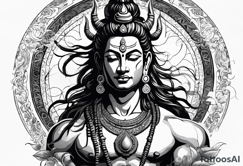 envision Shiva in a dynamic pose, surrounded by symbols representing adventure and karma, with flowing elements to signify your go-with-the-flow attitude. tattoo idea