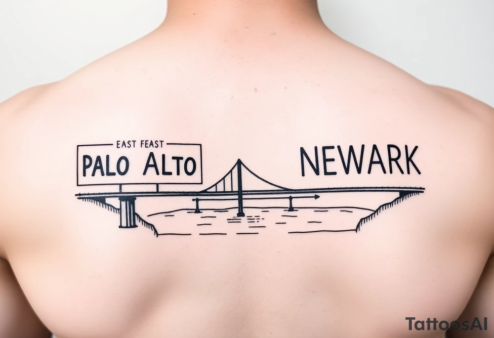 East Palo Alto city sign and Newark city sign on opposite sides of a bridge going across water in California tattoo idea