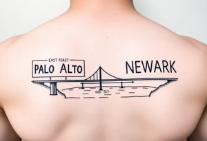 East Palo Alto city sign and Newark city sign on opposite sides of a bridge going across water in California tattoo idea